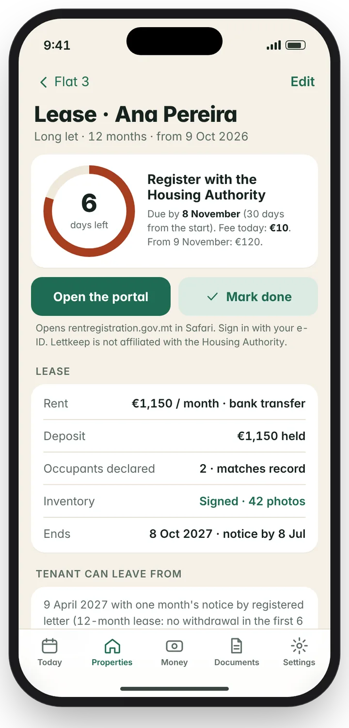 Lease screen with a 6-day registration countdown